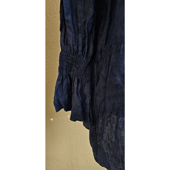 Italian 100% Linen Smocked Tiered Long Sleeve Shirt Top Tunic Royal Blue XL Larg - Picture 3 of 5